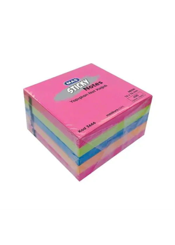 MAS 3666 Yapışkanlı Not Kağıdı 76 x 76 mm 400 Yaprak - Neon - Karışık Neon Renk